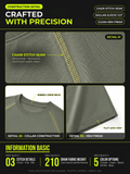 Construction detail of chain stitch seam, ribbed crew neck, and flat lock hem on oversized tee