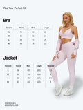 Size chart for EnovStars seamless bra and zip-up crop jacket, sizes S to XL with waist, bust, length, and shoulder measurements