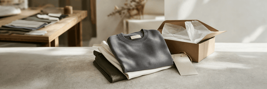 Folded activewear pieces with woven brand label, hang tag, and kraft  packaging — private label activewear manufacturing by EnovStars