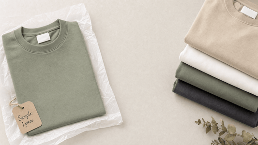 EnovStars single-piece logo sample next to a 20-piece mixed batch clothing order