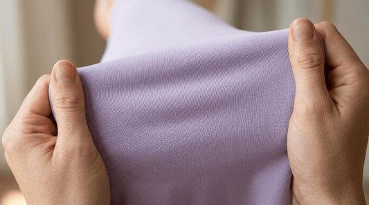 Enovstars Custom Activewear – Close-up of two hands stretching a light lavender high-performance fabric, showcasing its elasticity and premium texture