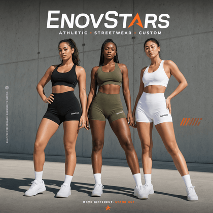 EnovStars women's activewear shorts collection featuring athletic, streetwear, and outdoor styles in black, olive, and white