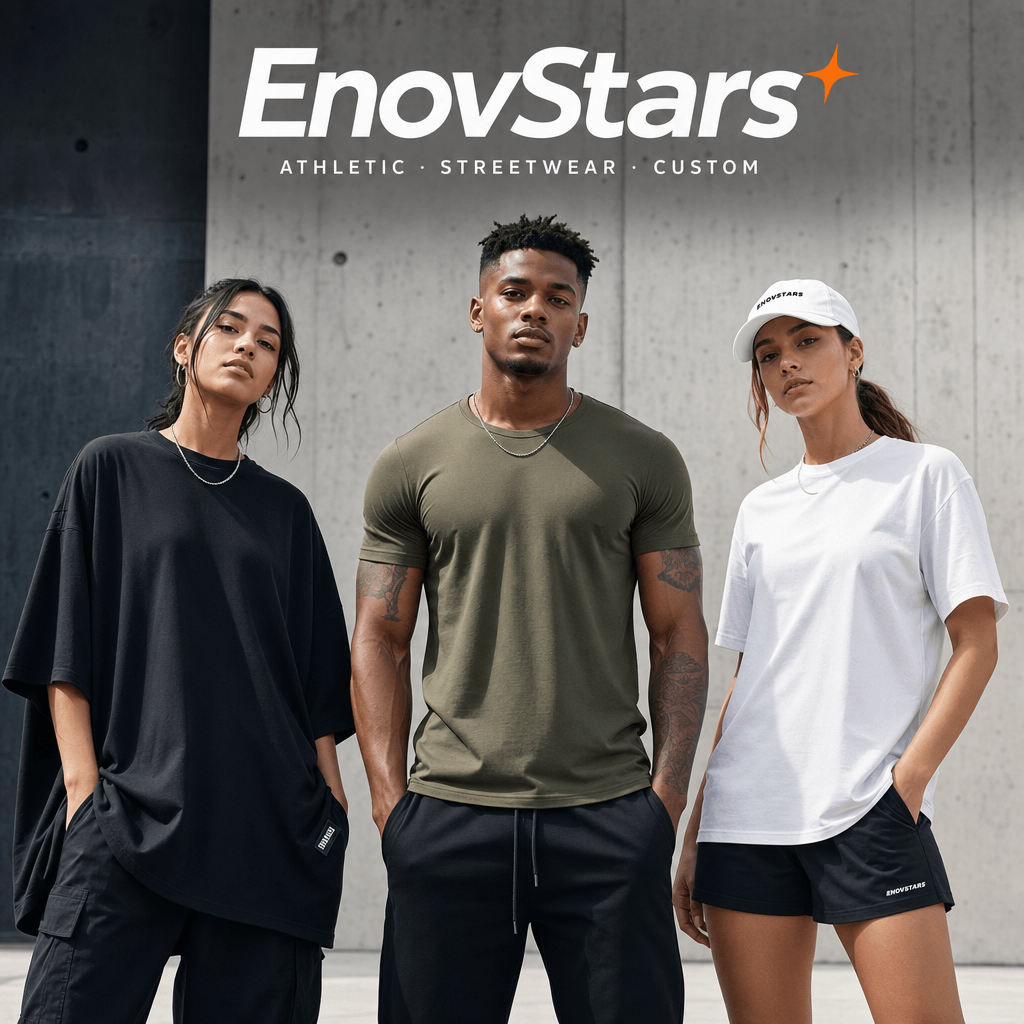 EnovStars men's and women's t-shirts in oversized, slim, and regular fit styles for athletic and streetwear collections
