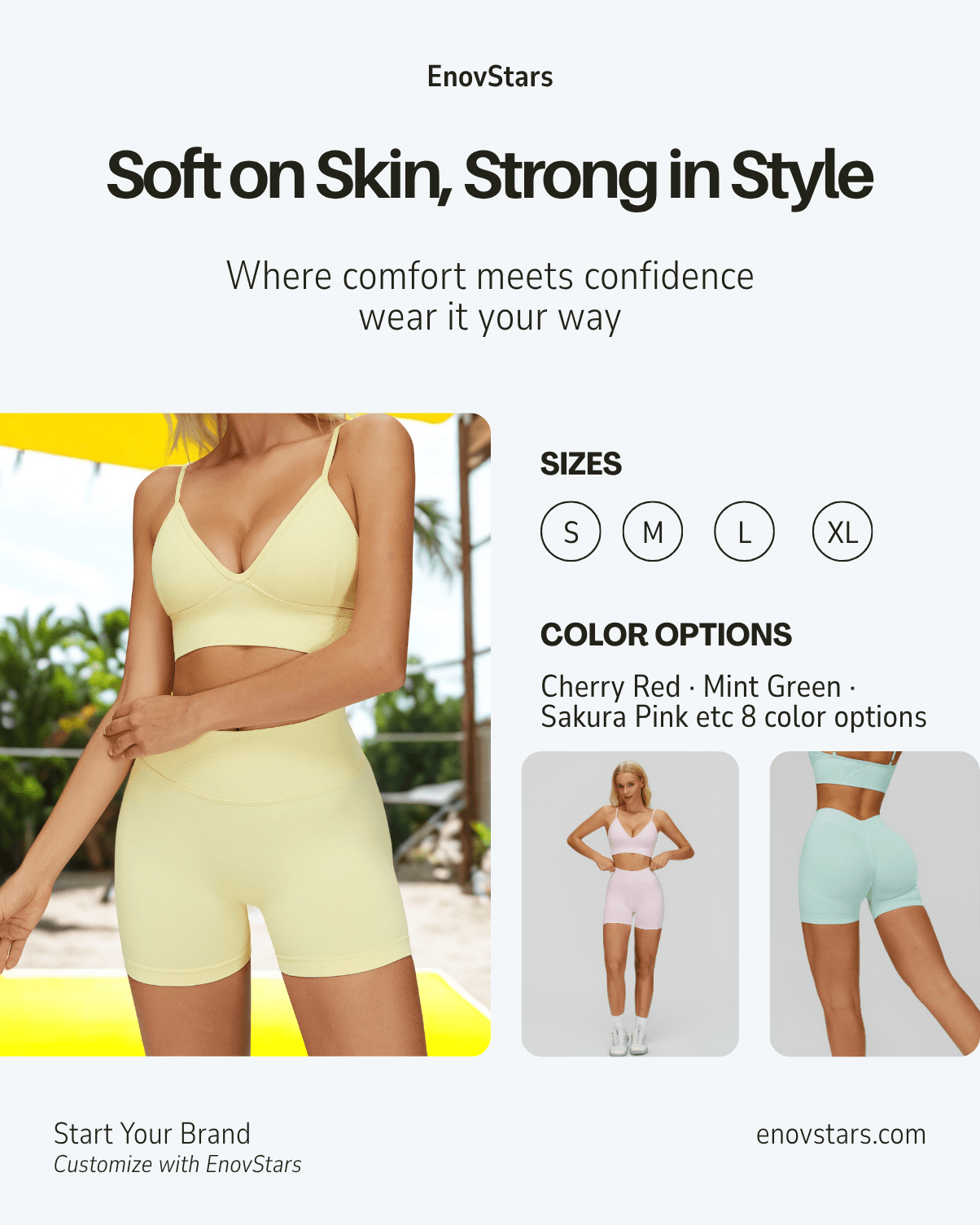 EnovStars Women Seamless Biker Shorts in yellow – soft nylon spandex activewear set with sports bra, 8 color options, S-XL sizes