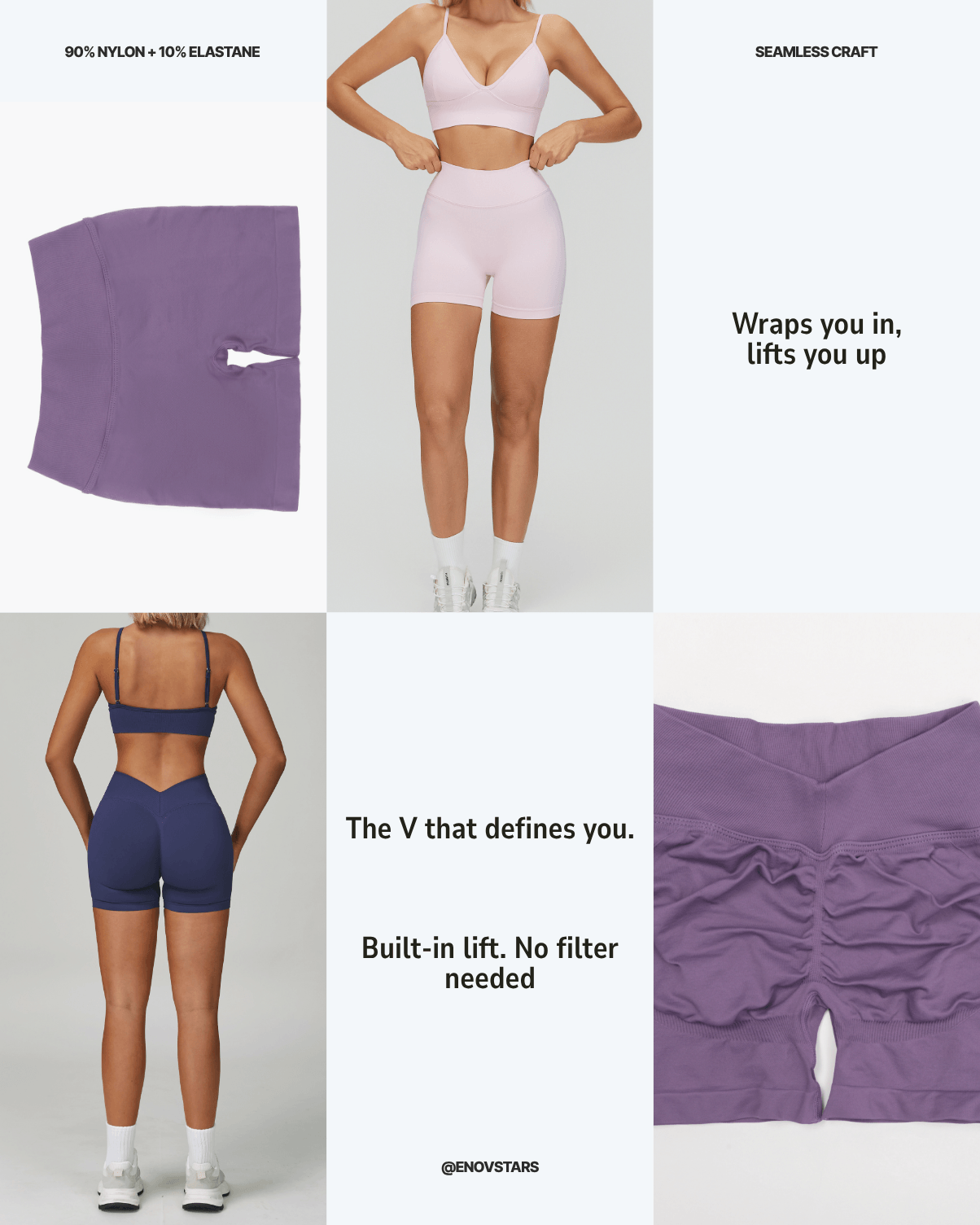EnovStars seamless shorts fabric detail – 90% nylon 10% elastane, V-back sculpting design, built-in lift biker shorts in pink and navy
