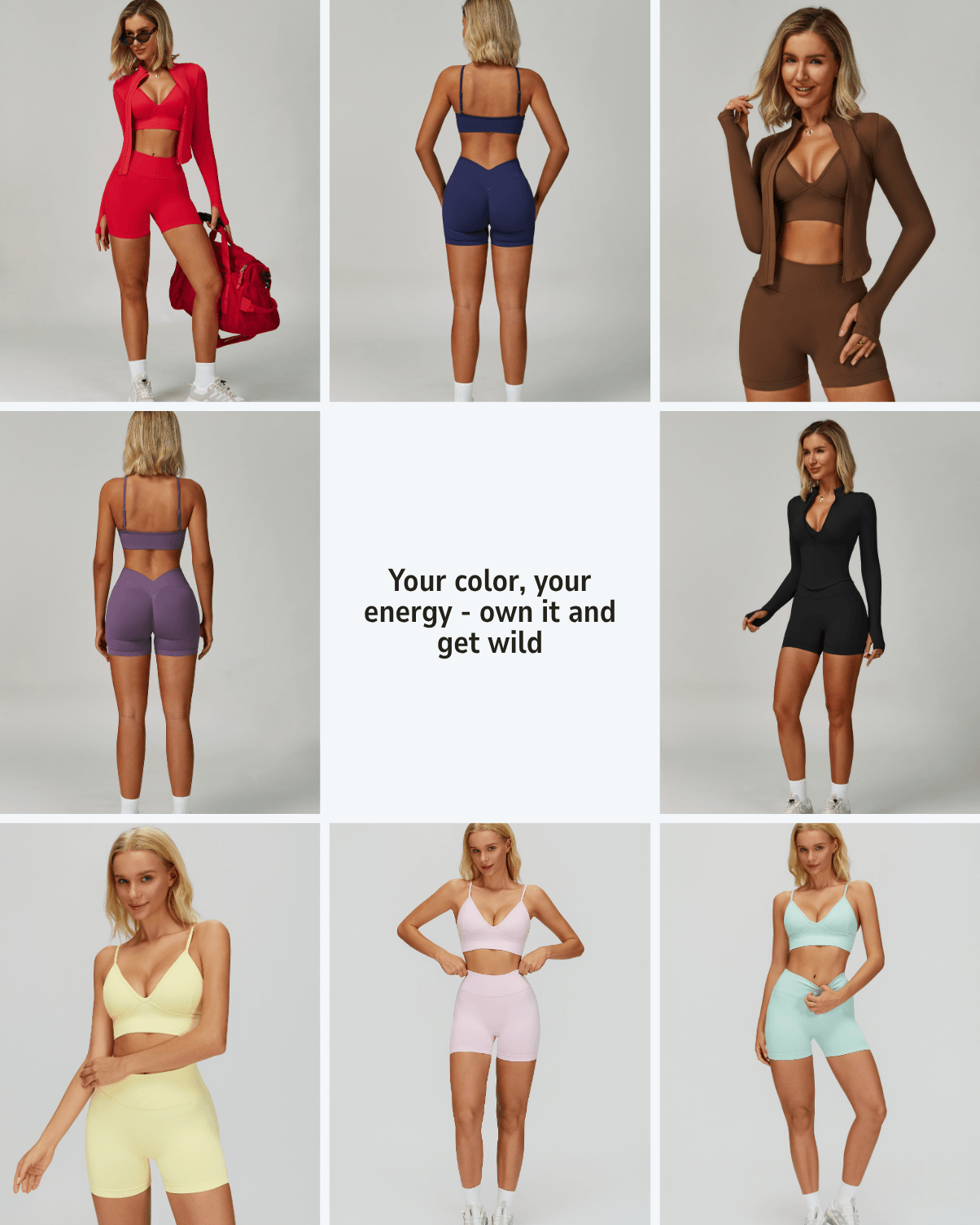 EnovStars women's activewear color collection – biker shorts and sports bra sets in red, navy, brown, purple, black, yellow, pink, mint green
