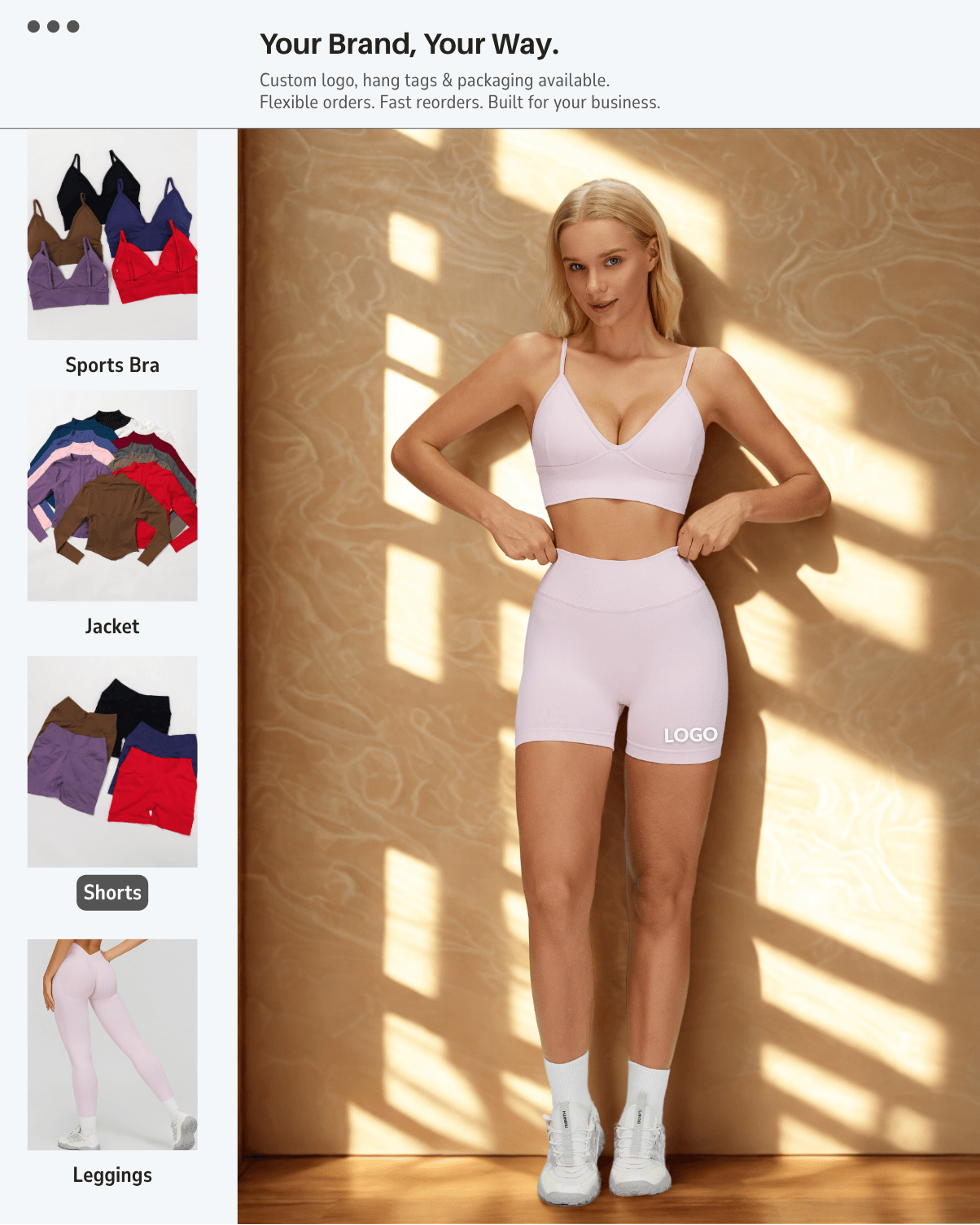 EnovStars custom logo activewear wholesale – sports bra, jacket, shorts and leggings with OEM branding options for private label brands