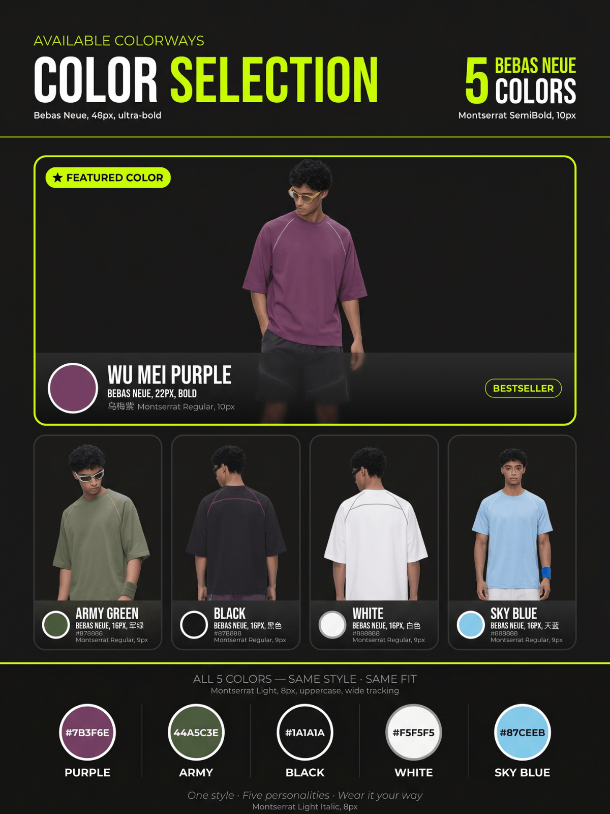 5 available colorways - Wu Mei Purple, Army Green, Black, White, Sky Blue oversized tee