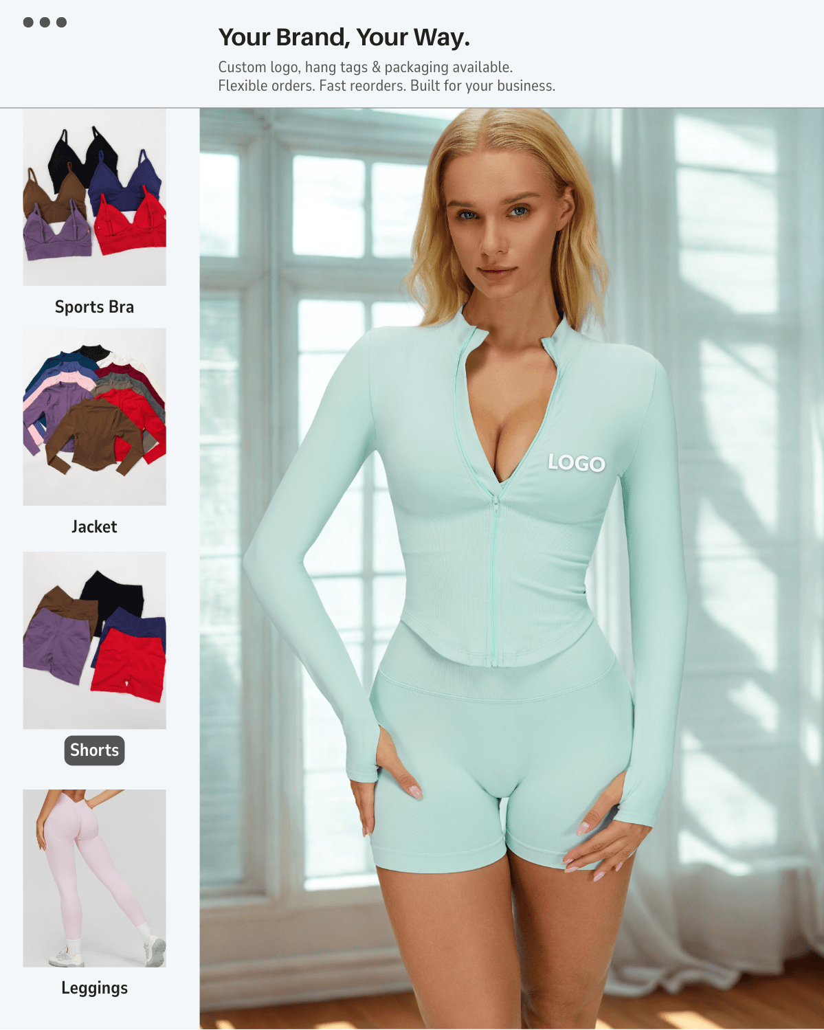 EnovStars custom logo activewear lineup including sports bra, jacket, shorts and leggings with private label branding option