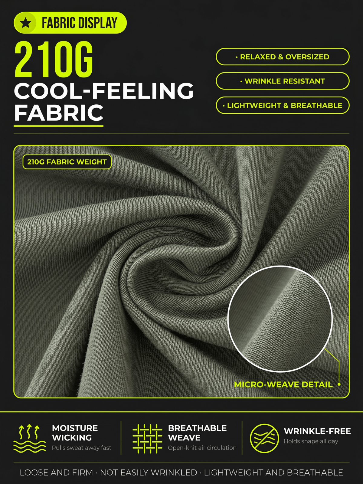 210g cool-feeling fabric swatch showing micro-weave detail, moisture wicking and breathable texture