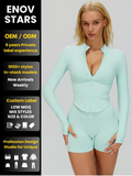 EnovStars women's seamless zip-up crop jacket in mint green with matching high-waist shorts, ribbed knit texture
