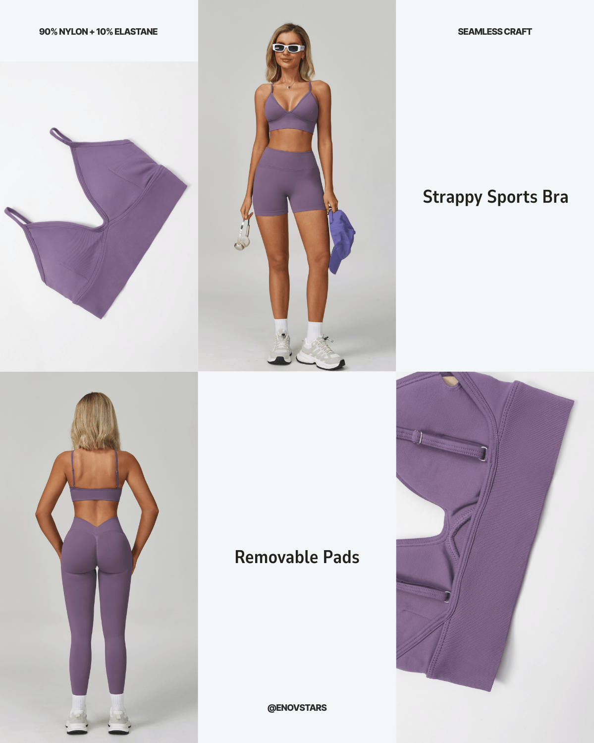 EnovStars strappy seamless sports bra detail showing 90% nylon 10% elastane fabric, removable pads and seamless craft