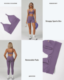 EnovStars strappy seamless sports bra detail showing 90% nylon 10% elastane fabric, removable pads and seamless craft