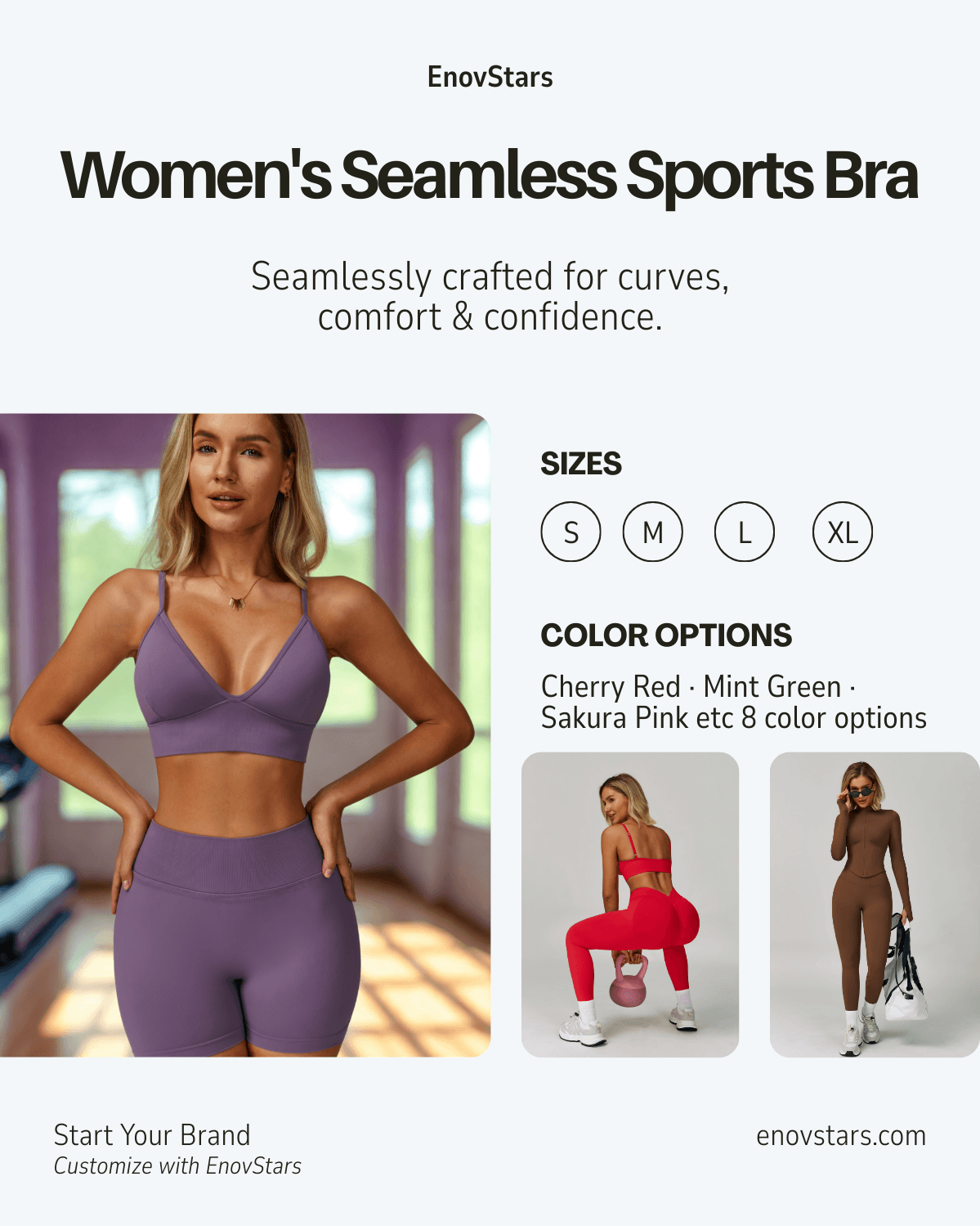 EnovStars women's seamless sports bra overview showing sizes S-XL and 8 color options including Light Aqua, Cherry Red and Sakura Pink