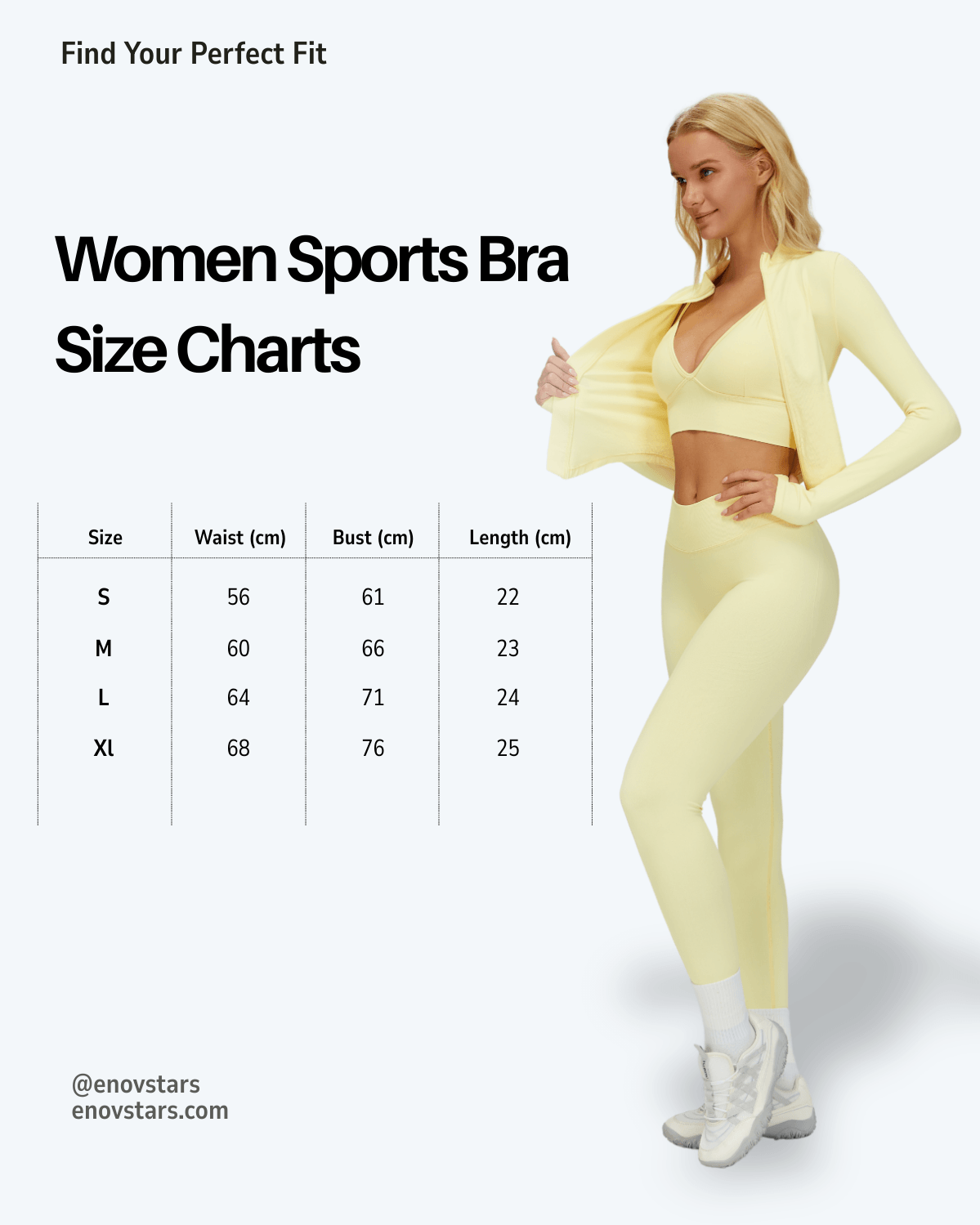 EnovStars women's sports bra size chart showing waist, bust and length measurements for sizes S, M, L and XL