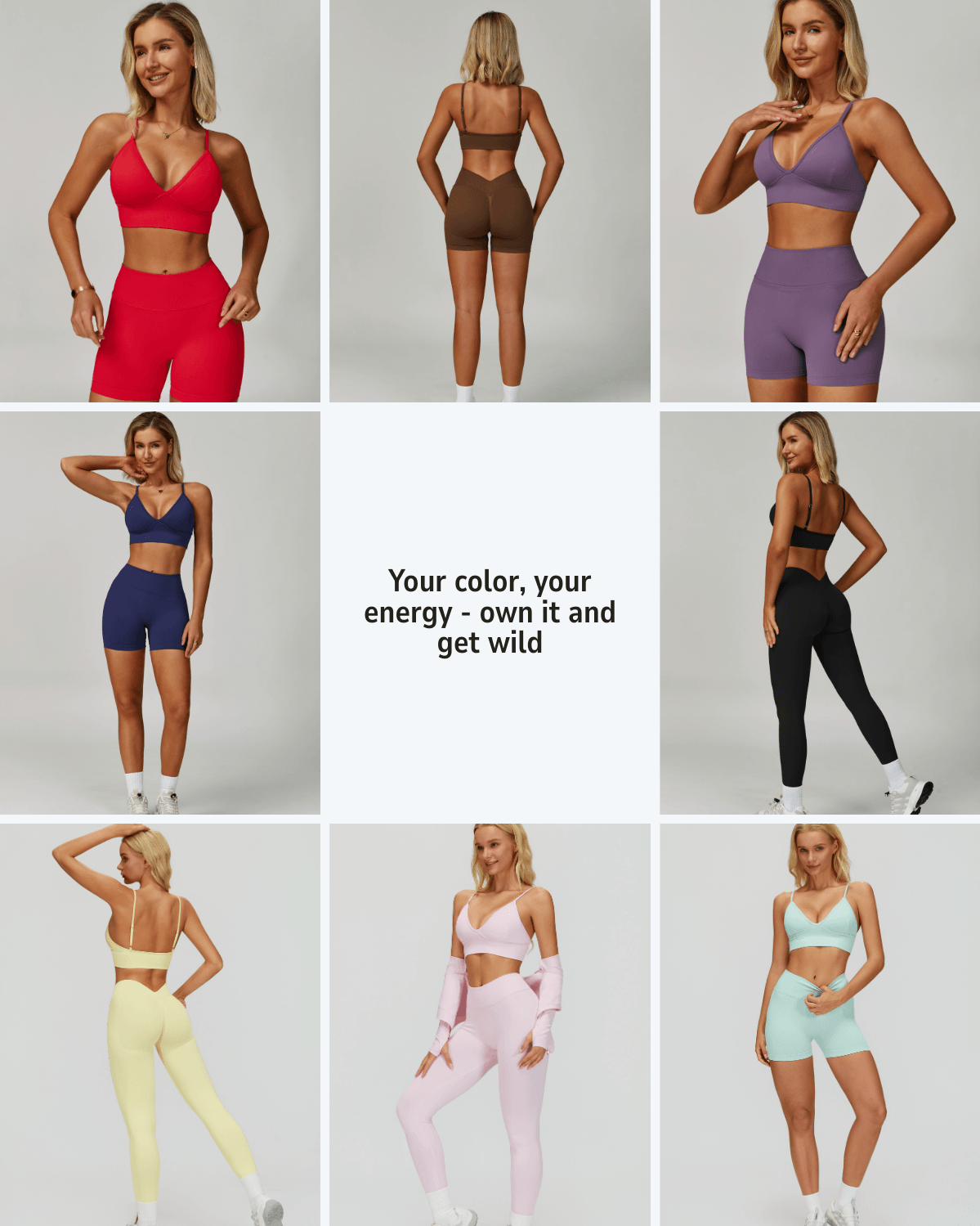 EnovStars women's seamless sports bra collection displayed in 8 colors including Navy Blue, Red, Purple, Black, Light Yellow, Light Pink and Light Aqua