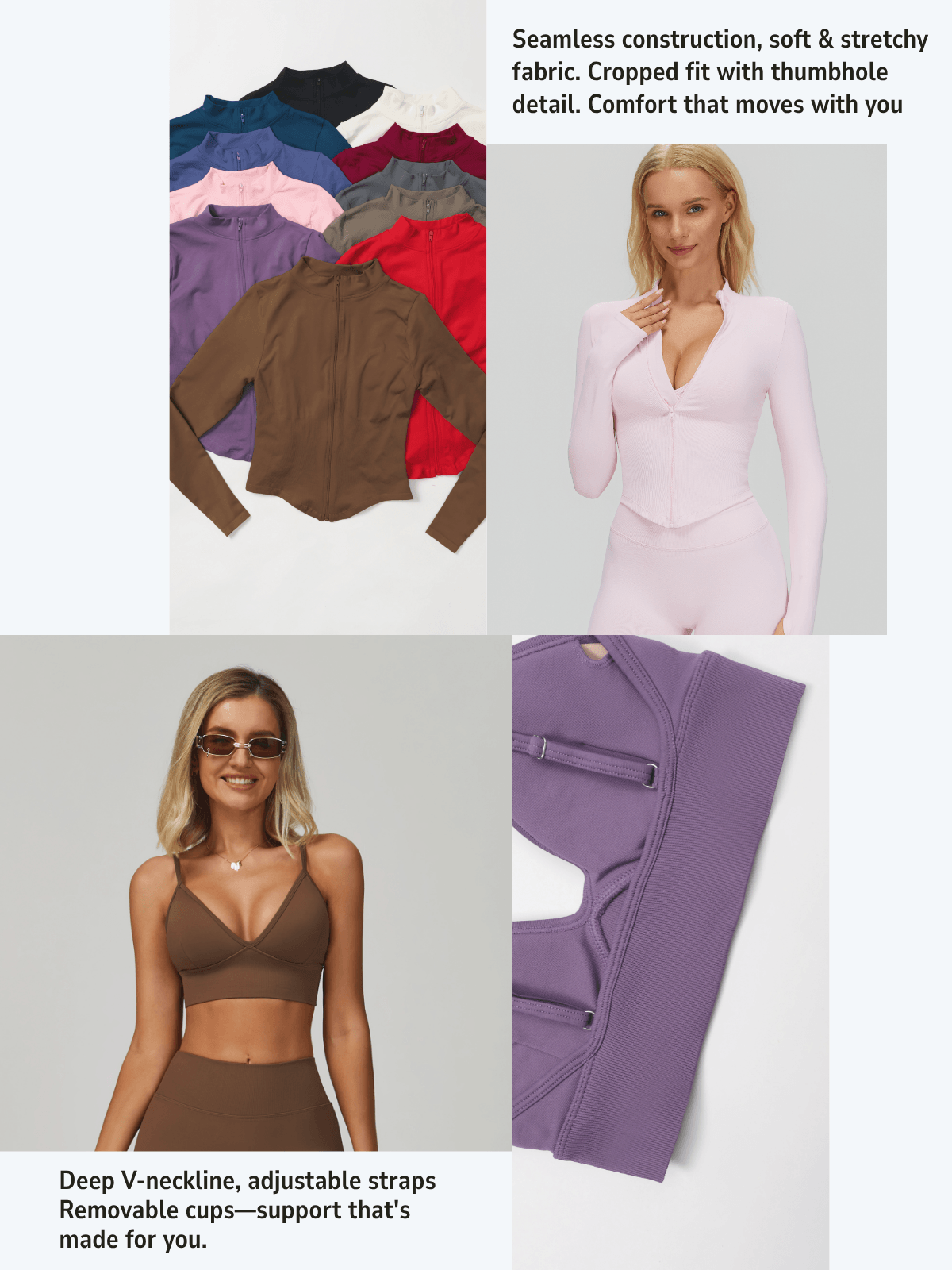 EnovStars seamless zip-up jacket fabric flat lay with thumbhole cuffs and deep V-neck bra with adjustable straps and removable cups
