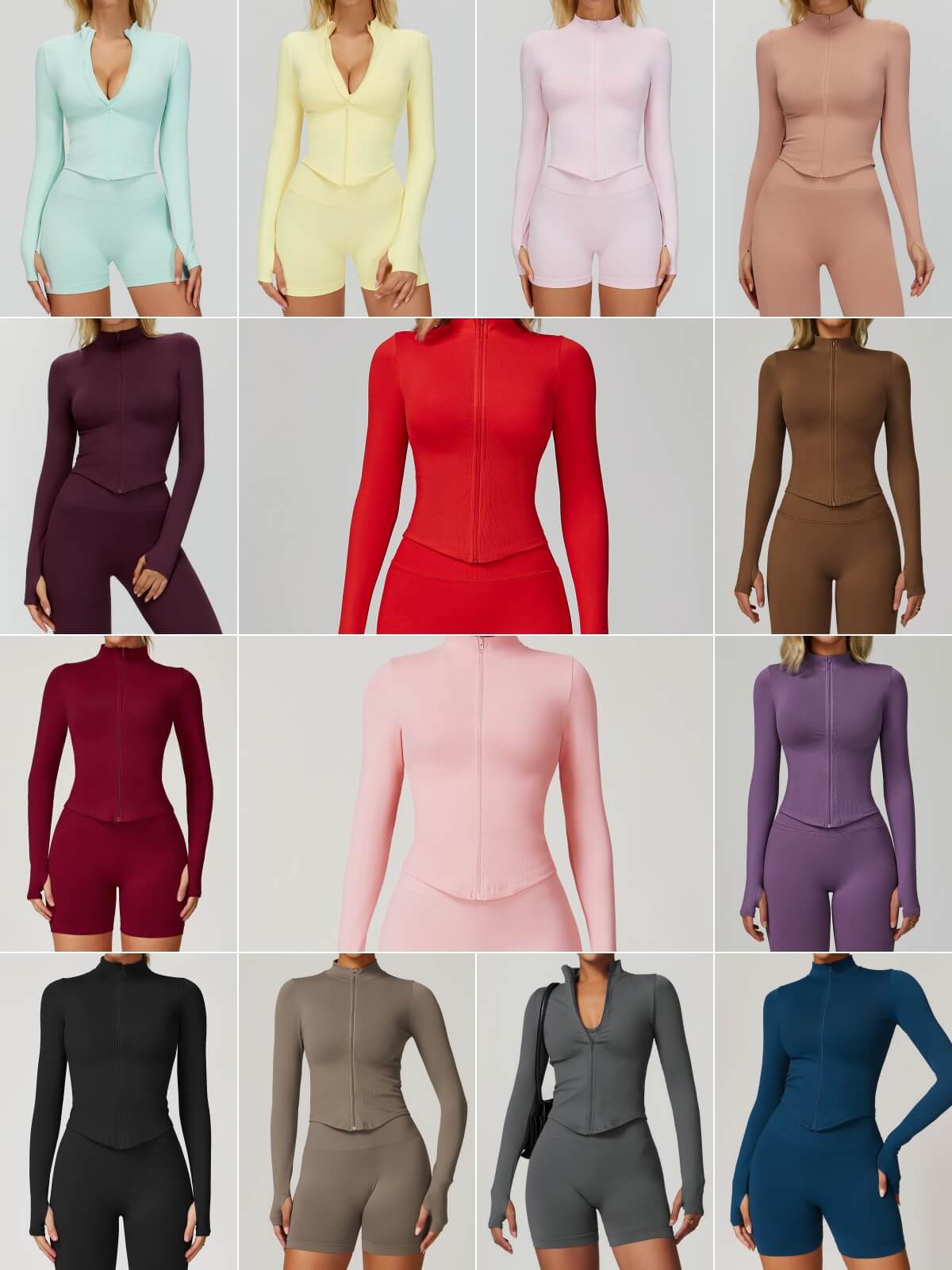 EnovStars seamless zip-up crop jacket available in 16 colors, front and back view comparison

