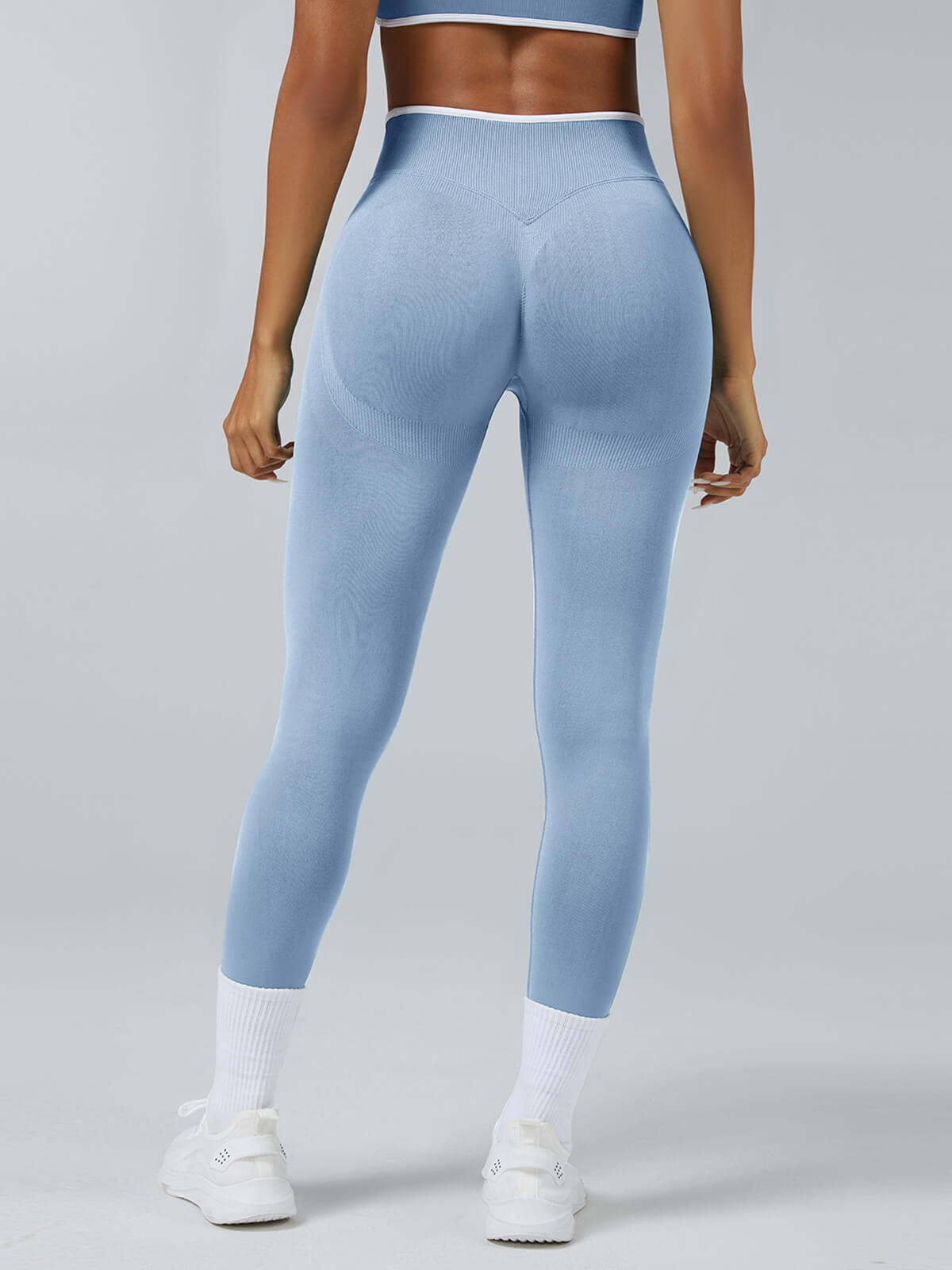 InnoExplore Custom Seamless Scrunch Butt Leggings in Baby Blue - Wholesale Yoga Leggings Back View