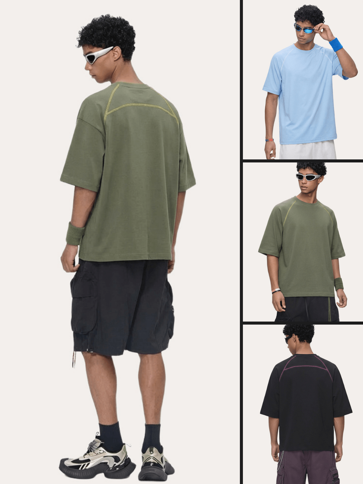 Male model wearing oversized cool-touch tee in multiple colorways, front and back views