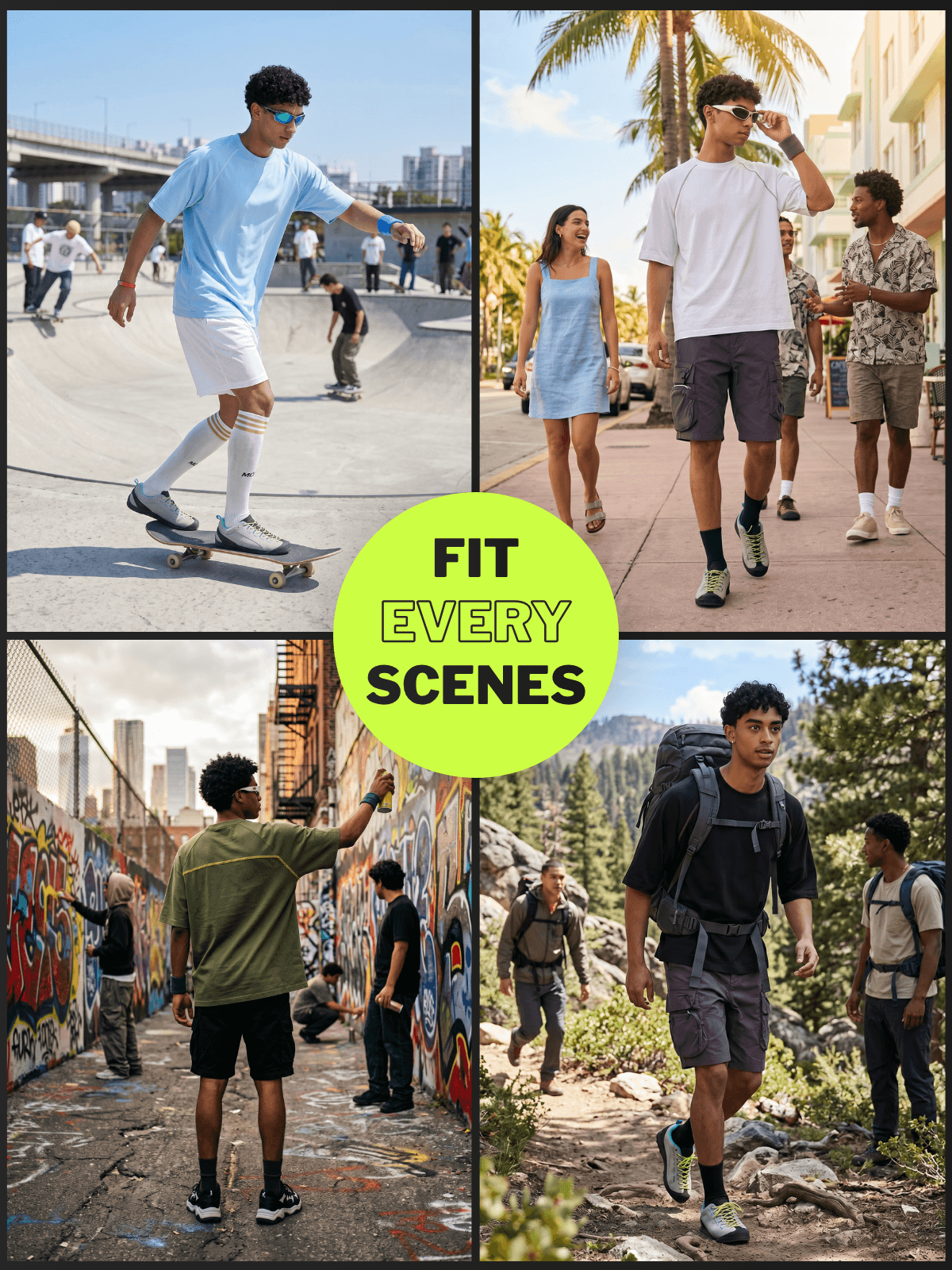 Male model wearing cool-touch tee in skateboarding, city walking, street art, and hiking scenes