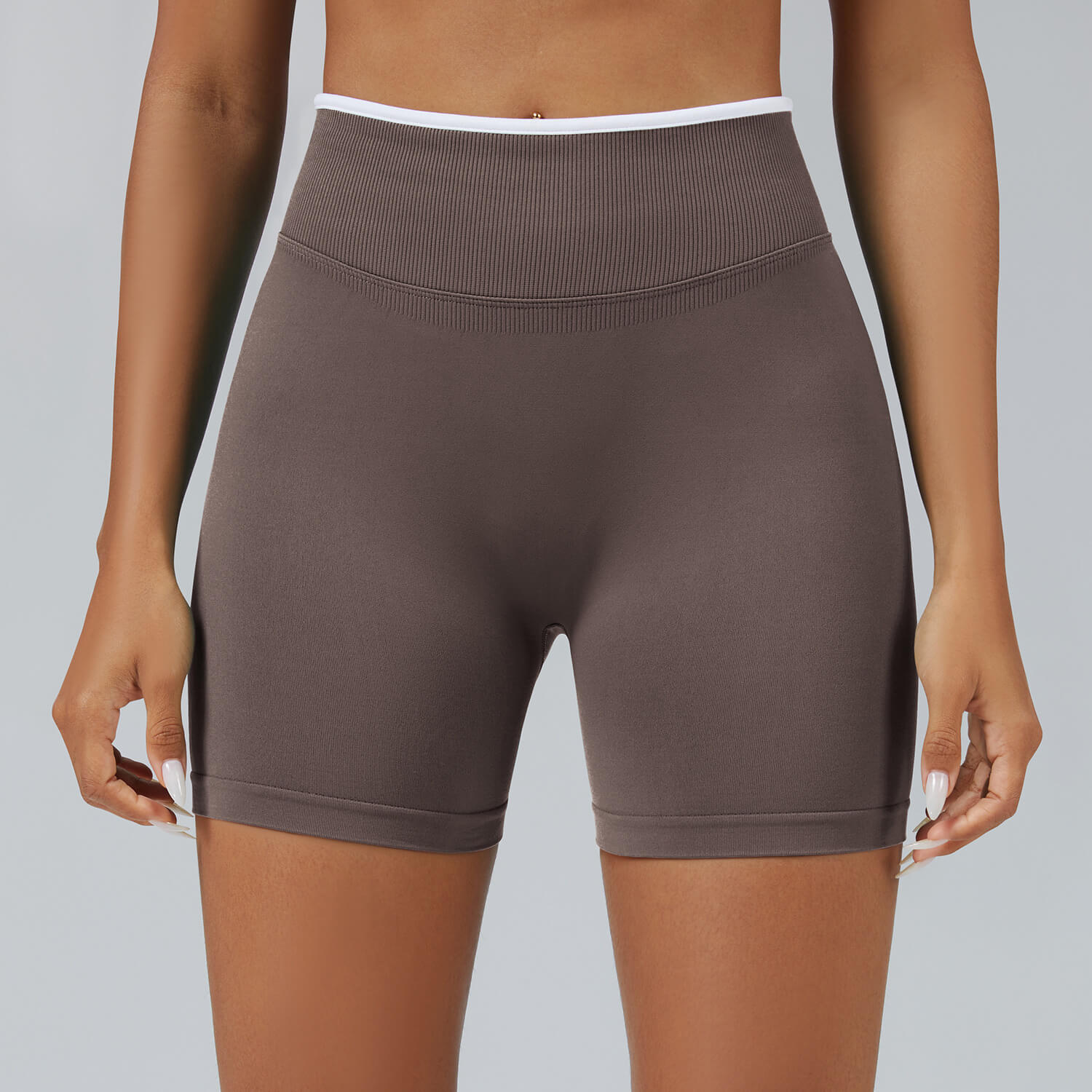 Personalized seamless athletic shorts with custom branding in mocha