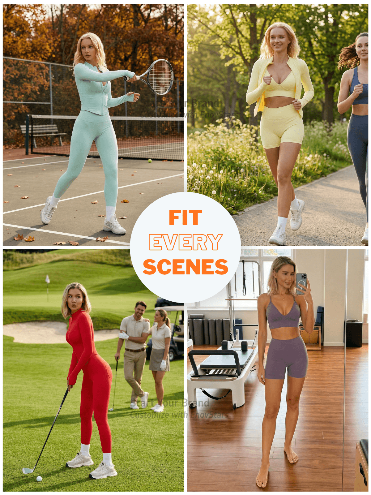 Model wearing seamless scrunch leggings while playing tennis, running outdoors, golfing and practicing Pilates, showcasing a versatile fit for every workout scene.