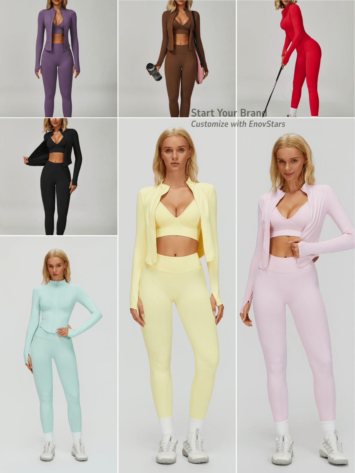 Wholesale seamless scrunch butt-lift leggings in seven colors—purple, brown, red, black, mint, yellow and pink—shown styled with matching activewear, available for custom private label branding.