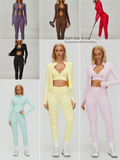 Wholesale seamless scrunch butt-lift leggings in seven colors—purple, brown, red, black, mint, yellow and pink—shown styled with matching activewear, available for custom private label branding.