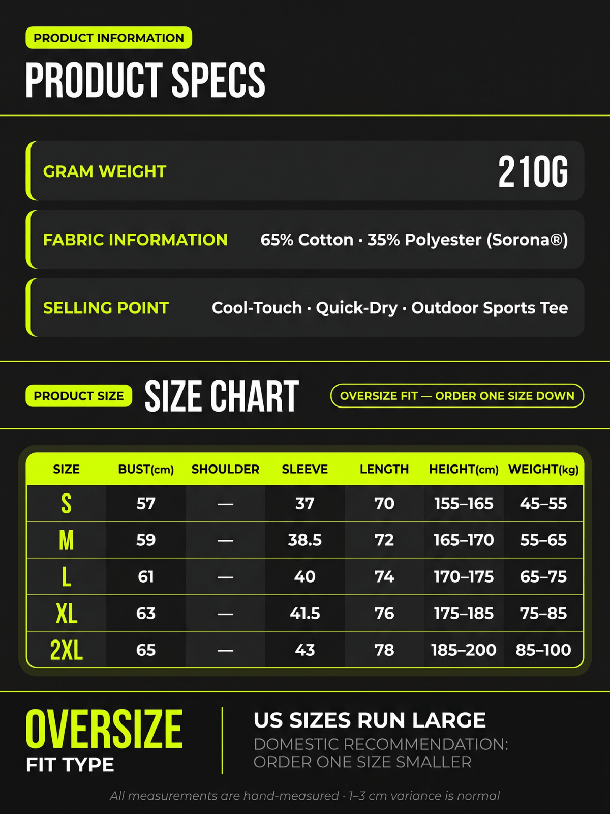 Product specs and size chart for men's oversized cool-touch tee, sizes S to 2XL